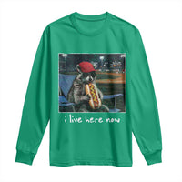 Baseball Raccoon I Live Here Now Long Sleeve Shirt Funny Trash Panda Eating Hot Dog Ballfield