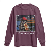 Baseball Raccoon I Live Here Now Long Sleeve Shirt Funny Trash Panda Eating Hot Dog Ballfield