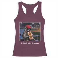 Baseball Raccoon I Live Here Now Racerback Tank Top Funny Trash Panda Eating Hot Dog Ballfield