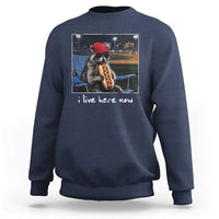 Baseball Raccoon I Live Here Now Sweatshirt Funny Trash Panda Eating Hot Dog Ballfield