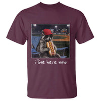 Baseball Raccoon I Live Here Now T Shirt Funny Trash Panda Eating Hot Dog Ballfield