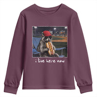 Baseball Raccoon I Live Here Now Youth Sweatshirt Funny Trash Panda Eating Hot Dog Ballfield