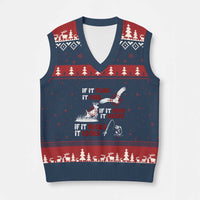 Funny Fishing Hunting V-Neck Knit Sweater Vest If It Flies It Dies If It Hops It Drops If It Hooks It Cooks - Wonder Print Shop