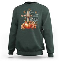 Thanksgiving Christ Sweatshirt Give Thanks To The Lord Psalm 136:1 Pumpkin Cross - Wonder Print Shop