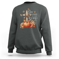 Thanksgiving Christ Sweatshirt Give Thanks To The Lord Psalm 136:1 Pumpkin Cross - Wonder Print Shop
