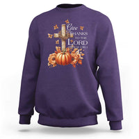 Thanksgiving Christ Sweatshirt Give Thanks To The Lord Psalm 136:1 Pumpkin Cross - Wonder Print Shop
