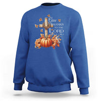 Thanksgiving Christ Sweatshirt Give Thanks To The Lord Psalm 136:1 Pumpkin Cross - Wonder Print Shop
