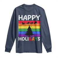 Funny LGBT Christmas Long Sleeve Shirt Happy Holigays Rainbow Stripes Unicorn Santa