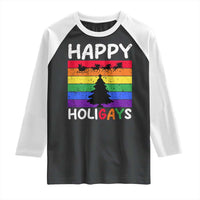 Funny LGBT Christmas Raglan Shirt Happy Holigays Rainbow Stripes Unicorn Santa - Wonder Print Shop