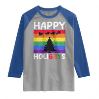 Funny LGBT Christmas Raglan Shirt Happy Holigays Rainbow Stripes Unicorn Santa - Wonder Print Shop
