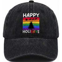 Funny LGBT Christmas Washed Cotton Baseball Cap Happy Holigays Rainbow Stripes Unicorn Santa