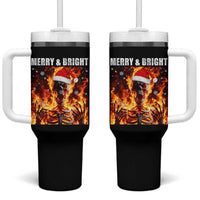 Funny Merry And Bright Tumbler With Handle Christmas Chaos Xmas Skeleton Fire Flames - Wonder Print Shop