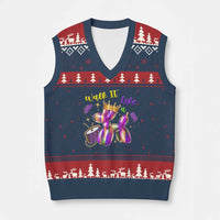 Funny Mardi Gras V-Neck Knit Sweater Vest Walk It Like A Dog Balloon New Orleans