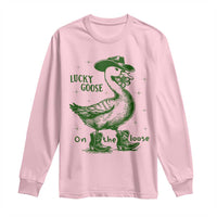 Funny St Patrick's Day Lucky Goose On The Loose Long Sleeve Shirt Cowboy Goose Shamrock
