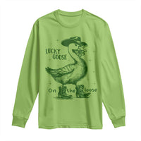 Funny St Patrick's Day Lucky Goose On The Loose Long Sleeve Shirt Cowboy Goose Shamrock