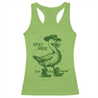 Funny St Patrick's Day Lucky Goose On The Loose Racerback Tank Top Cowboy Goose Shamrock