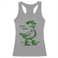 Funny St Patrick's Day Lucky Goose On The Loose Racerback Tank Top Cowboy Goose Shamrock