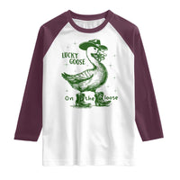 Funny St Patrick's Day Lucky Goose On The Loose Raglan Shirt Cowboy Goose Shamrock