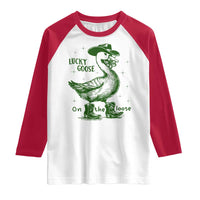 Funny St Patrick's Day Lucky Goose On The Loose Raglan Shirt Cowboy Goose Shamrock
