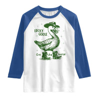 Funny St Patrick's Day Lucky Goose On The Loose Raglan Shirt Cowboy Goose Shamrock