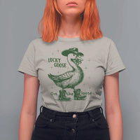 Funny St Patrick's Day Lucky Goose On The Loose T Shirt For Women Cowboy Goose Shamrock