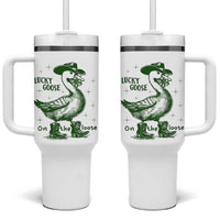 Funny St Patrick's Day Lucky Goose On The Loose Tumbler With Handle Cowboy Goose Shamrock