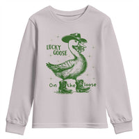 Funny St Patrick's Day Lucky Goose On The Loose Youth Sweatshirt Cowboy Goose Shamrock