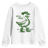 Funny St Patrick's Day Lucky Goose On The Loose Youth Sweatshirt Cowboy Goose Shamrock