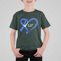 Funny Check Your Colon Colorectal Cancer Awareness T Shirt For Kid Dark Blue Ribbon Heart