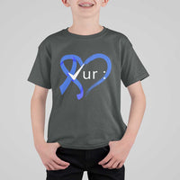 Funny Check Your Colon Colorectal Cancer Awareness T Shirt For Kid Dark Blue Ribbon Heart