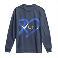 Funny Check Your Colon Colorectal Cancer Awareness Long Sleeve Shirt Dark Blue Ribbon Heart