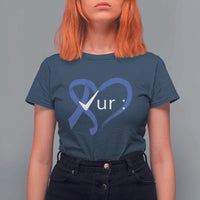 Funny Check Your Colon Colorectal Cancer Awareness T Shirt For Women Dark Blue Ribbon Heart