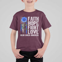Colon Cancer Awareness T Shirt For Kid Faith Hope Fight Love Sunflower USA Flag