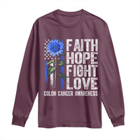 Colon Cancer Awareness Long Sleeve Shirt Faith Hope Fight Love Sunflower USA Flag