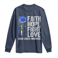 Colon Cancer Awareness Long Sleeve Shirt Faith Hope Fight Love Sunflower USA Flag