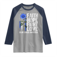 Colon Cancer Awareness Raglan Shirt Faith Hope Fight Love Sunflower USA Flag