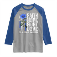 Colon Cancer Awareness Raglan Shirt Faith Hope Fight Love Sunflower USA Flag