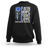 Colon Cancer Awareness Sweatshirt Faith Hope Fight Love Sunflower USA Flag