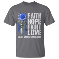 Colon Cancer Awareness T Shirt Faith Hope Fight Love Sunflower USA Flag