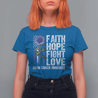 Colon Cancer Awareness T Shirt For Women Faith Hope Fight Love Sunflower USA Flag