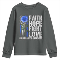 Colon Cancer Awareness Youth Sweatshirt Faith Hope Fight Love Sunflower USA Flag
