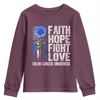 Colon Cancer Awareness Youth Sweatshirt Faith Hope Fight Love Sunflower USA Flag