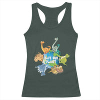 Earth Day Save Our Planet Racerback Tank Top Cute Dinosaurs Around World