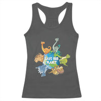 Earth Day Save Our Planet Racerback Tank Top Cute Dinosaurs Around World