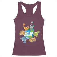 Earth Day Save Our Planet Racerback Tank Top Cute Dinosaurs Around World