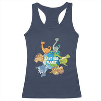 Earth Day Save Our Planet Racerback Tank Top Cute Dinosaurs Around World