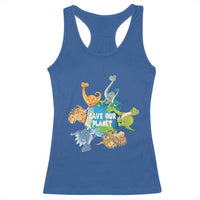 Earth Day Save Our Planet Racerback Tank Top Cute Dinosaurs Around World