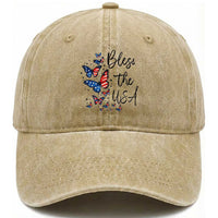 Bless The USA 4th of July Washed Cotton Baseball Cap Patriotic American Flag Butterfly Independence Day