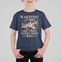 Warning May Start Talking About WWII T Shirt For Kid American Flag Fighter Jet - Wonder Print Shop