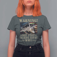 Warning May Start Talking About WWII T Shirt For Women American Flag Fighter Jet - Wonder Print Shop
